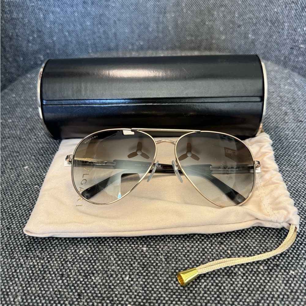 Bulgari Aviators Sunglasses - Pale Gold Frame, Olive Gradient Lenses.